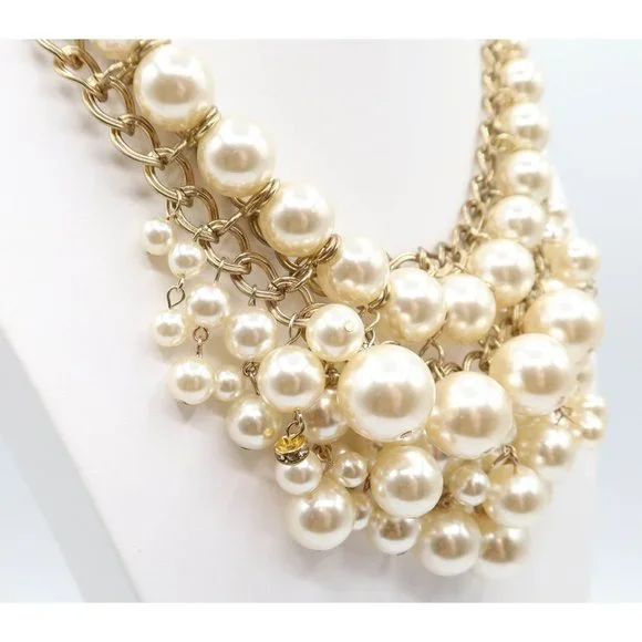 CHICOS Ornate Chunky Gold Tone & Faux Pearl Dangle Bauble Statement Necklace - Picture 3 of 10